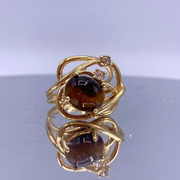 Vintage Sterling Silver Chrysoberyl Cabochon Open-Work Ring - Picture 2 of 8